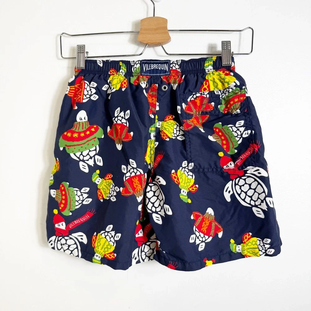 Vilebrequin Swim Trunks Boys 14 Navy Blue Turtle Holiday Sweater Print